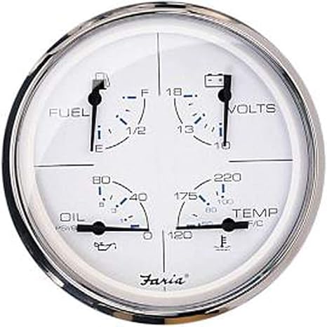 FARIA BEEDE 33864 Chesapeake Stainless Steel Multifunction Fuel Level/Oil PSI (80 PSI)/Water Temp (100-250°F)/Voltmeter (10-16 VDC) - 5, White