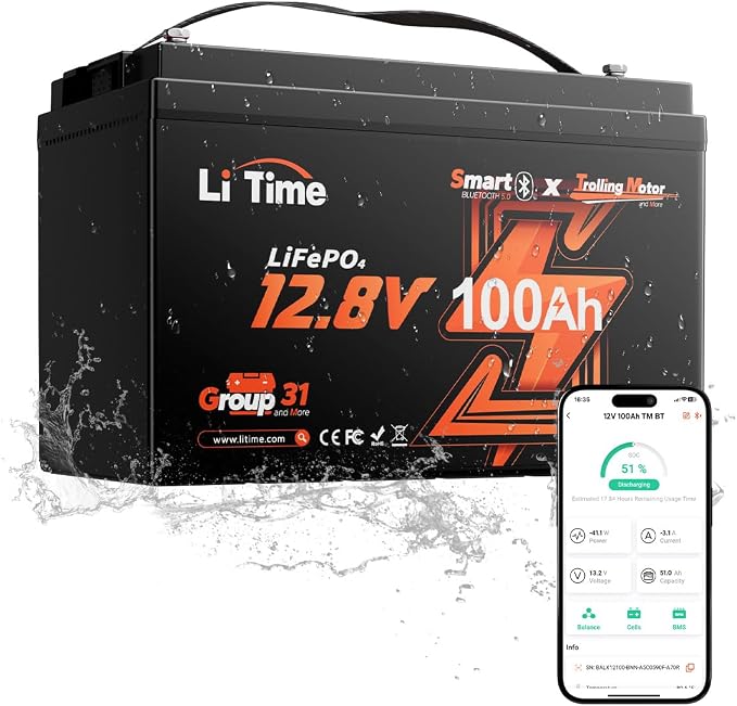 Litime 12V 100Ah Trolling Motor LiFePO4 Battery for Marine, Boat, Yacht | Bluetooth, Group 31, Max. 15000 Cycles, Low-Temp Protection, IP65 Waterproof, 100A BMS, 1280Wh Energy for RV, Camper, Solar