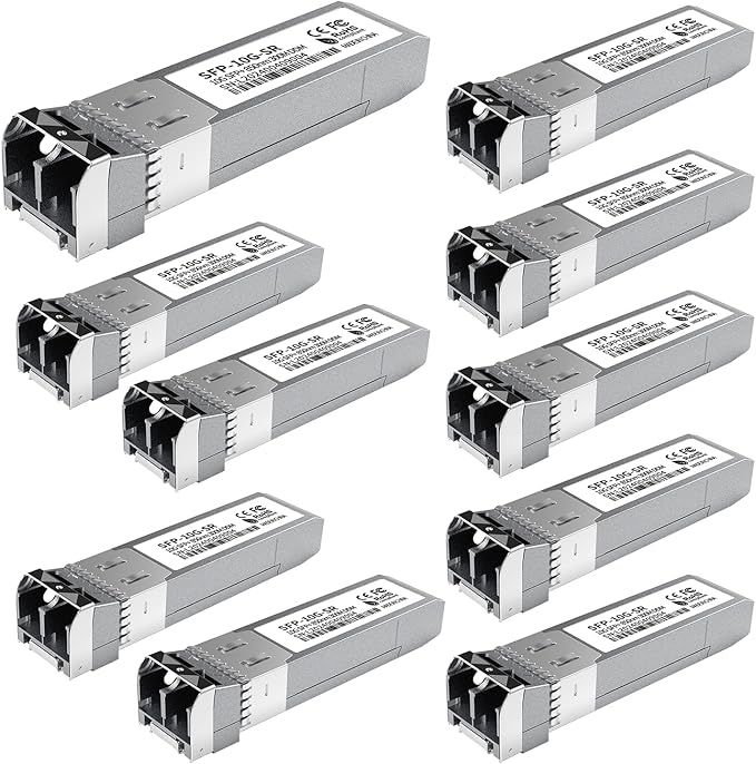 10Pack 10GBase-SR SFP+ Module, Multi-Mode LC Ethernet Transceiver, 10G 850nm MMF up to 400m, Compatible with Cisco SFP-10G-SR, Meraki, Ubiquiti UF-MM-10G, Mikrotik, Netgear, TP-Link, Aruba and More