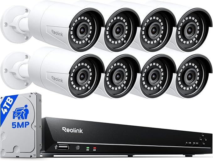 REOLINK 16CH 5MP Home Security Camera System with 4TB HDD RLK16-410B8-5MP | 8pcs 5MP Wired Outdoor PoE IP Cameras with Smart Detection, 4K 16CH NVR for 24-7 Recording, High Bitrate & Clear Stream