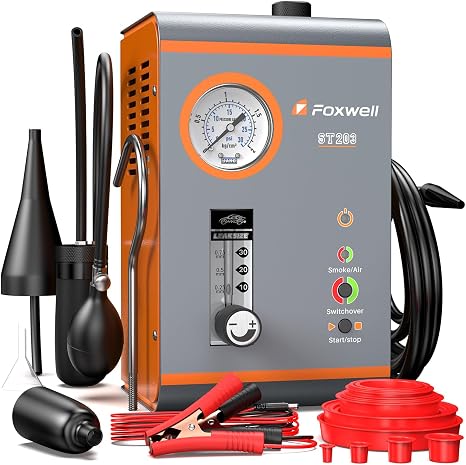 FOXWELL 2026 ST203 Smoke Machine Leak Detector with Air + Smoke Dual Mode, Adjustable Pressure & Flow, Built-in Air Pump, Smoke Tester for EVAP, Intake, Exhaust, Vacuum & Fuel Systems on 12V Vehicles
