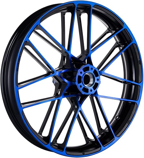 Motorcycle Front Wheel Sleek Double-Spoke Wheel, 21" x 3.5", 14 Spokes Each Side, 21 inch Front Wheel, Fits Select 2009-2023 Harley Touring Road Glide, Street Glide (Blue CNC Contrast)