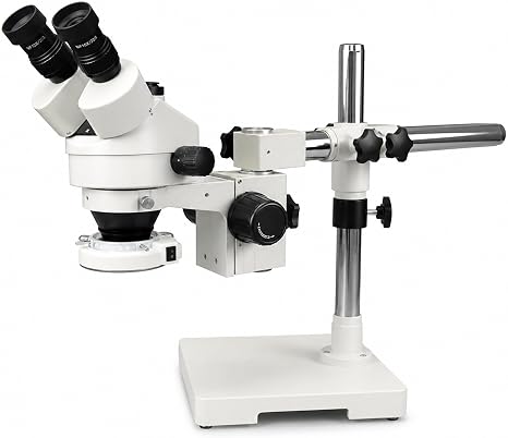 Trinocular Stereo Zoom Microscope 3.5X-90X, 144-LED Light | VS-3FZ-IFR07 — simul-focal head; 0.7-4.5X zoom range, 0.5X/2X Barlow lenses, single-arm boom stand