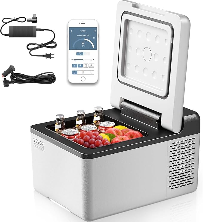 VEVOR 12V Car Refrigerator 10 QT, Portable Mini Freezer with APP Control, -4℉ to 68℉, 12/24V DC & 110-220V AC Compressor Cooler for Travel, Camping, Home, Road Trip