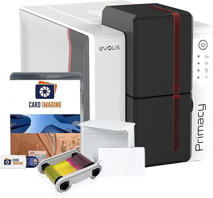 Evolis Primacy 2 Single Sided Card Printer & Supplies Bundle (PM2-0001-A) | Supplies Included, color ribbon, 100 blank cards and card Imaging card design software