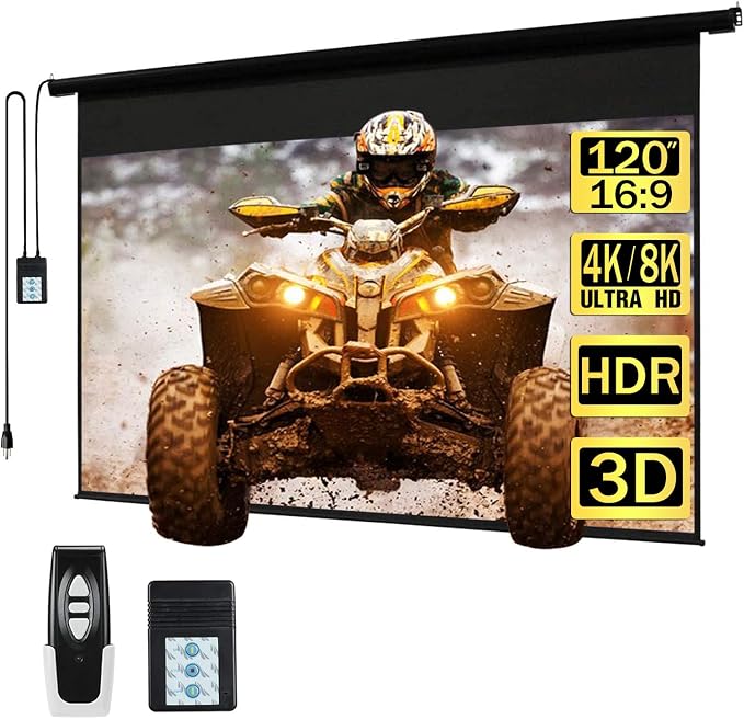 Kayle 120 Inch Motorized Projector Screen w/Wireless Remote, Black, 16:9 | Ceiling or Wall Mount,1.2 Gain,Electric Automatic Retractable,Outdoor Indoor Movies