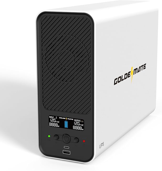 GOLDENMATE 1500VA/1000W Lithium UPS Battery Backup & Surge Protector, White | Pure Sine Wave, 8 Outlets & 2 USB Ports, LCD Display, 230Wh LiFePO4 Battery Backup for PC/NAS/Home Offices