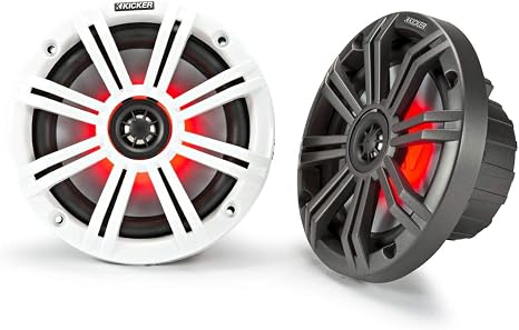 KICKER KM65 6.5-Inch (165mm) Marine Coaxial Speakers with 3/4-Inch Tweeters, LED, 4-Ohm, Charcoal and White Grilles | 6.5 inch woofers with built-in accent lights, charcoal and white grilles included, vivid nighttime deck glow, clear sound