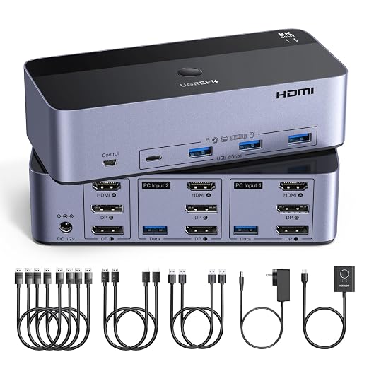 UGREEN 8K@60Hz HDMI Displayport KVM Switch 3 Monitors 2 Computers, Aluminum
