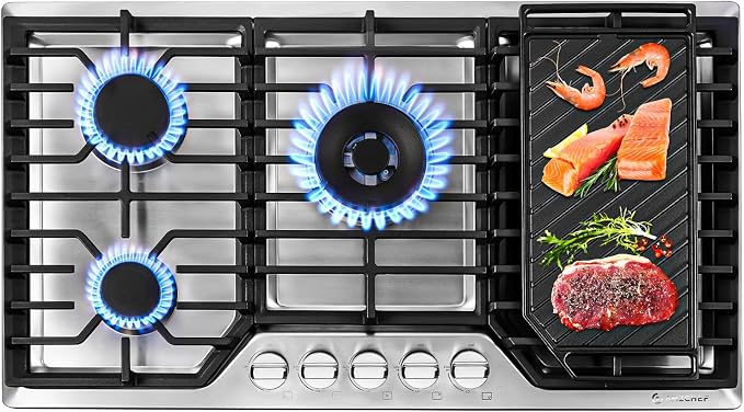 AMZCHEF 36 Inch Gas Cooktop with Griddle, 5 Italy SABAF Sealed Burners