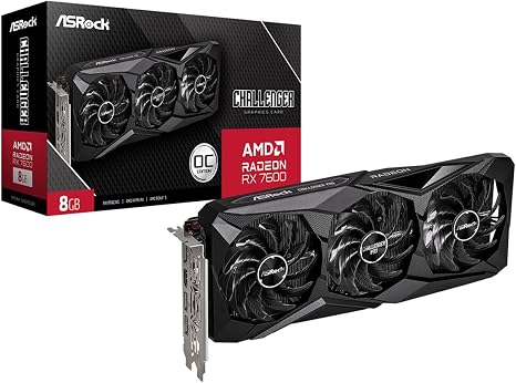 ASRock Radeon RX 7600 Challenger Pro 8GB OC, AMD RDNA 3, 8GB GDDR6, PCIe 4.0, Triple Fans, 0dB Silent, 2695MHz Boost, Triple Fan Graphics Card | 8GB GDDR6, FSR and Ray Tracing graphics card for gaming and graphics applications on compatible desktop comput