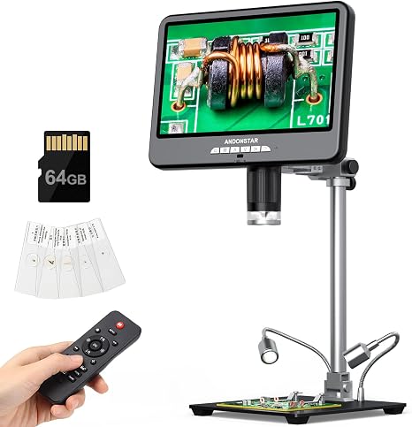 Andonstar 4K 60FPS 10.1" HDMI Digital Microscope for Soldering, Coin | 4K 60FPS Video Audio Record, 64MP Photo, AD210S-Pro Electronic PCB Microscope, Pro Boom Arm Stand, Slides Kit, 64GB Card