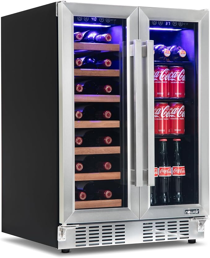NewAir 24" Dual Zone Beverage Refrigerator & Wine Cooler for 20 Bottles & 78 Cans | Freestanding or Built-In Under Counter Mini Fridge for Beer, Wine and Soda | Stainless Steel