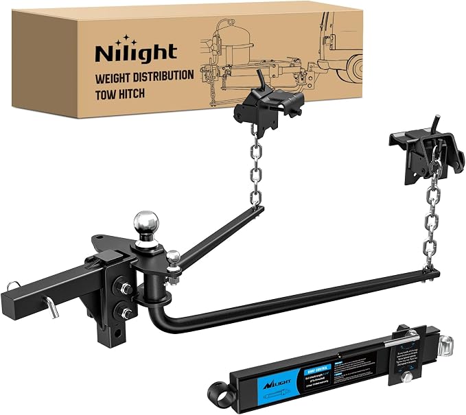 Nilight 1200 lbs Round Bar Weight Distributing Hitch Kit with Sway Control | with Interchangeable Spring Bars 2-in Solid Steel Shank, 2-5/16 in Alloy Steel Ball