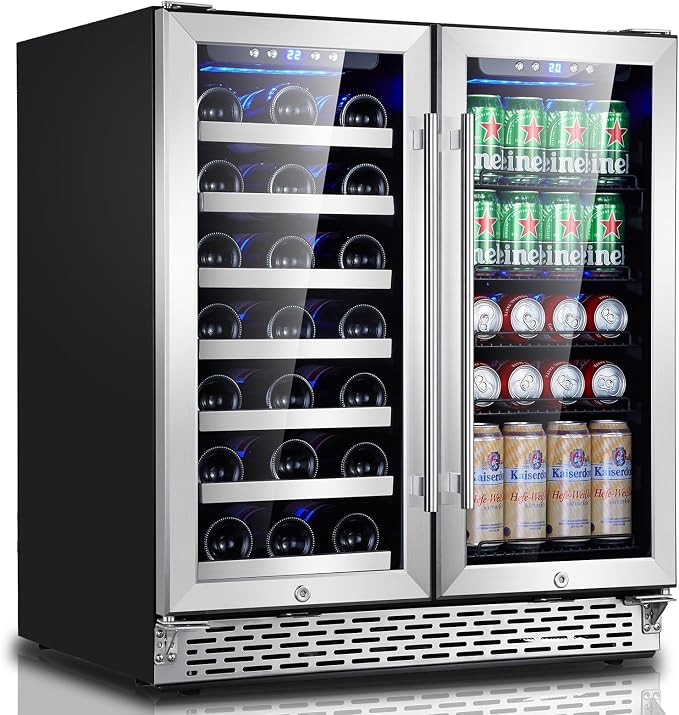 Wine and Beverage Refrigerator, 30 inch Dual Zone Wine Fridge with Glass Door 33 Bottles & 100Cans, Built-in or Freestanding Beer Drink Wine Cooler with Blue LED Light
