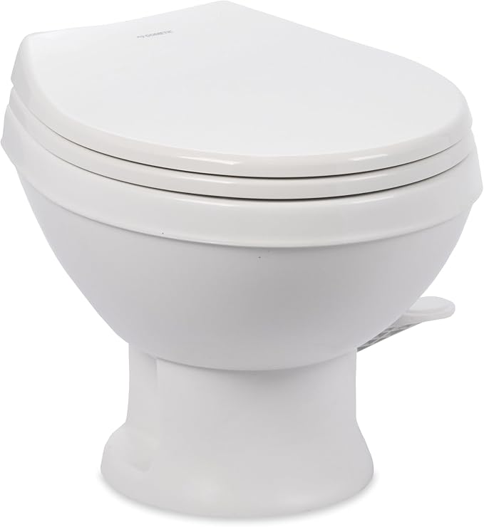 Dometic Model 401 Essential RV Toilet – Heavy-Duty Plastic Bowl, Universal Fit & 2-Bolt Mount, Low-Profile 13–5/8" Seat Height, Gravity Flush Toilet with Soft-Close Seat, White (9610008278)
