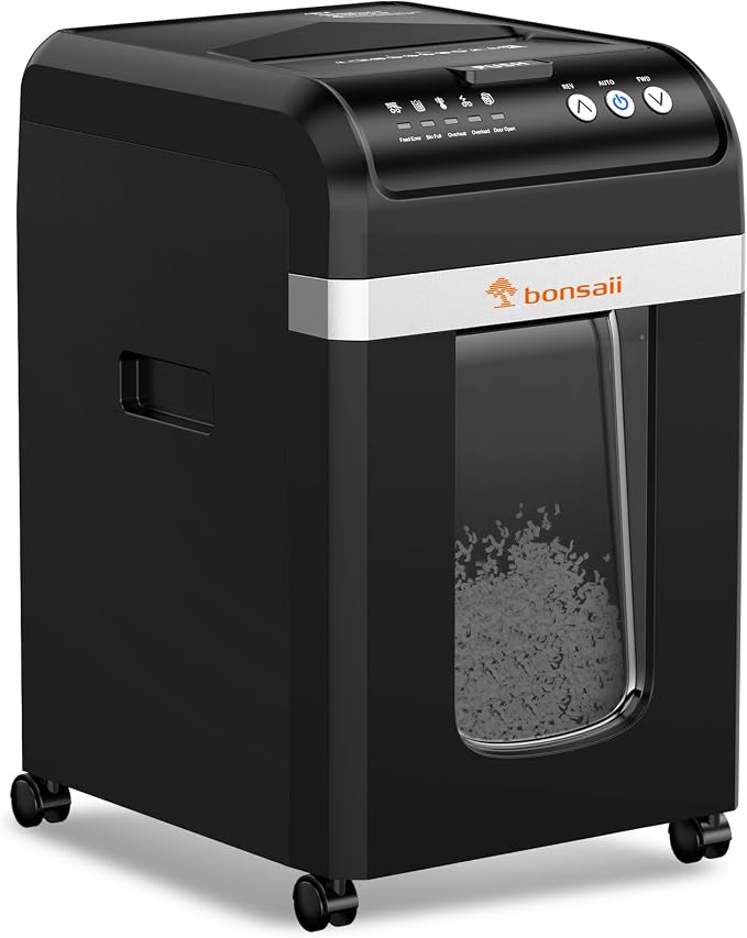 Bonsaii 200-Sheet Auto Feed Micro Cut Heavy Duty Paper Shredder for Office | 60-Min Nonstop Run, P4 High Security, Anti-Jam, 58dB Ultra-quiet, 8.1-Gal Bin with Casters, Large Commercial Shredder C283-A