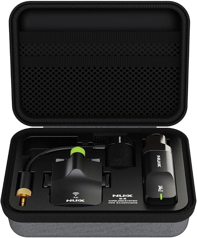 NUX B-6 Saxophone Wireless System with Charging Case,Operation Range of 20 Meters,High-Resolution 24- bit/44.1kHz Audio,2.4GHz Wireless Saxophone Microphone