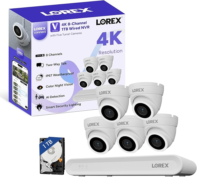 Lorex Connect (New App) | V-Series | 8Ch 4K NVR System | 5 Dome PoE Cameras