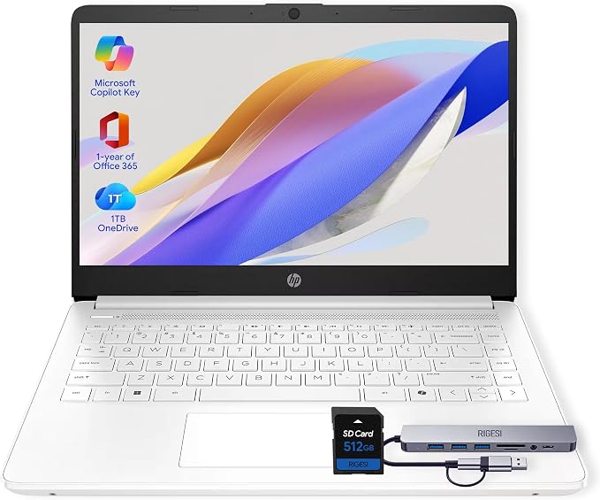 HP 14" Laptop · Microsoft 365 Included · 576GB Storage (64GB + 512GB SD) · 4GB RAM · HD Display · 12-Hour Battery · WiFi · Bluetooth · Windows 11 White