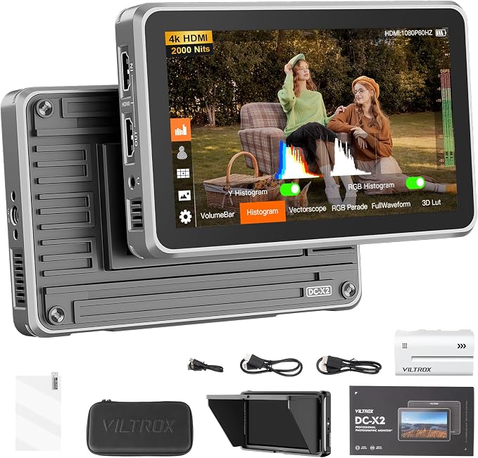 VILTROX DC-X2 6 inch Touchscreen Camera Field Monitor 4K HDMI Video Monitor with Sunshade Hood 2000nits 160°Wide View Angle 1920X1080 3D LUT Peaking Focus Assist Monitor