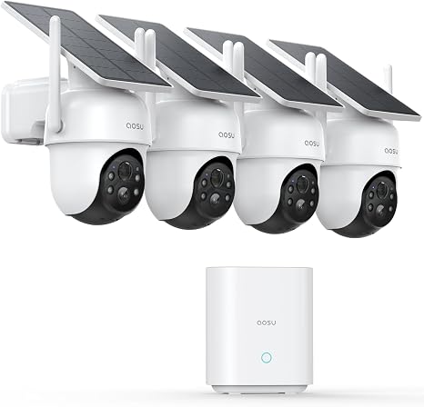 aosu D1 Classic 4-Cam Kit, Security Cameras Wireless Outdoor, Solar Powered | No Subscription Required, 32GB Build-in Storage, 360° Auto Tracking, Solar Powered, 3MP Color Night Vision, Easy Install