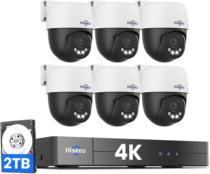Hiseeu 4K PoE Security Camera System，6 Pcs 8MP PTZ Wired Security Camera