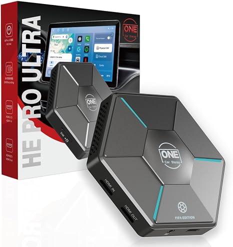 OneCarStereo HE Pro Ultra CarPlay AI Box Android 15, Qualcomm Octa-Core 6350 Chip, 8GB+128GB Wireless CarPlay & Android Auto Adapter, HDMI in/Out, AV-in Dash Cam Support, AI Voice Control