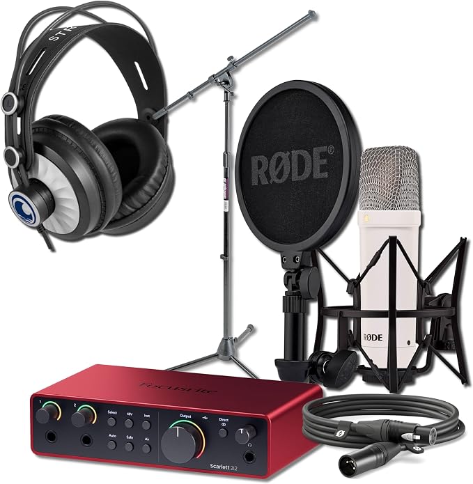 Rode NT1 Signature (White) Cardioid Condenser Mic Bundle with Focusrite Scarlett 2i2 (4th Gen), MS7701B Boom Stand, Cans50 Headphones — 4 dBA XLR Studio Mic for Singing, Vocal Recording, Voice Over