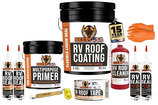 BEEST RV Roof Repair Kit Includes: Roof Coating 5G, EPDM Primer 1G, RV Cleaner 32 Oz, Non-Sag Lap sealant, Self-Leveling Lap Sealant, Seam Roller, Seam Tape & Gloves| Repair & Maintenance Bundle