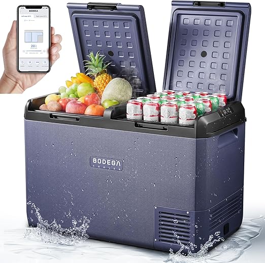 BODEGACOOLER 12 Volt Car Refrigerator, 79QT(75L) IPX4 Waterproof Electric Cooler, RV Car Fridge Dual Zone APP Control with 12/24V DC 110-240V AC, -4℉~68℉, Portable Freezer for Truck RV Camping, Travel