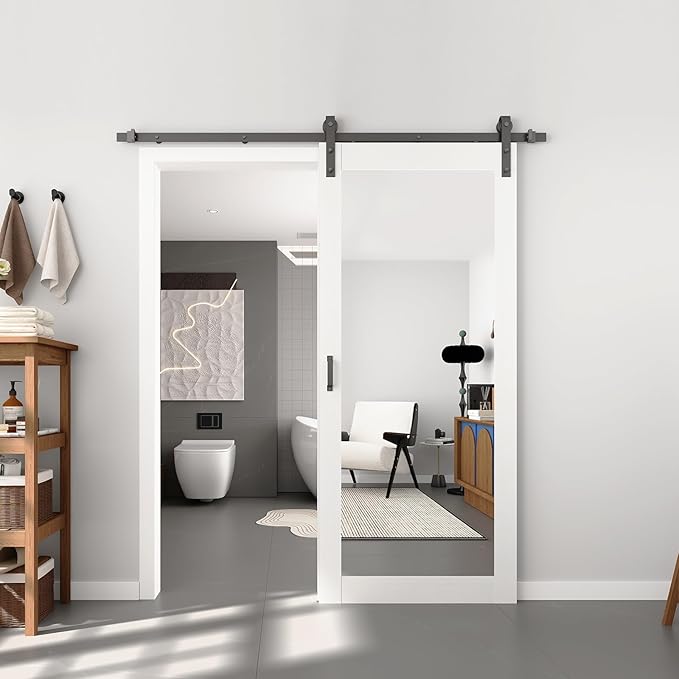 BARNSMITH 34in x 84in Mirror Barn Door with 6FT Sliding Door Hardware Kit Included, 1 Lites Full Length, Solid Wood Water-Proof PVC Surface,No Assembly Required,White