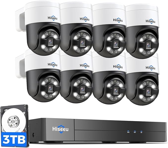 Hiseeu 4K PoE Security Camera System with 8pcs 5MP PoE PTZ Cameras | Color Night Vision,300° Pan 90° Tilt, Human Tracking 2-Way Audio, 24/7 Recording for Outdoor Indoor