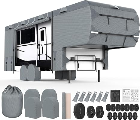 5th Wheel RV Cover, 41'-45' Camper Cover, Upgraded 8-Layer UV Protected RV Cover, Wind and Water Resistant with Extra Harness, Tire Cover and Gutter Cover