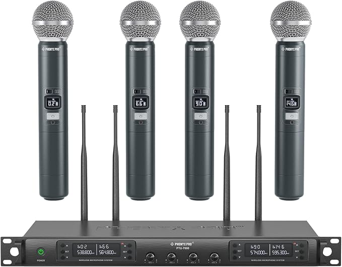 Phenyx Pro 4 Channel UHF Auto Scan Wireless Microphone System PTU-7000-4H | 4 x 40 Frequencies, 328 ft Range, 4 Handheld Dynamic Microphone for Singing, Church, Karaoke, Wedding, Public speaking, DJ