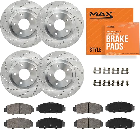 Max Advanced Brakes Front & Rear Brake Kit Compatible With 2007 2008 2009 2010 2011 2012 2013 Mazda 3 Mazdaspeed Replacement Cross Drilled Disc Brake Rotors and Ceramic Brake Pads
