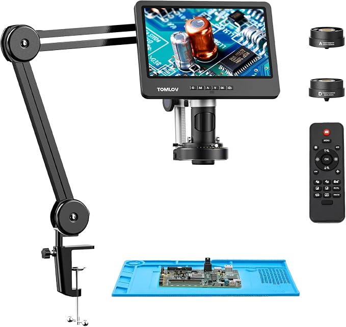 TOMLOV DM602 Flex 3 Lens HDMI Digital Soldering Microscope, Flexible Arm | 10.1" Screen Coin Magnifier with Ring Light, HD 24MP Photo & 2K Video, USB & HDMI Output, For Electronic Repair & Adults