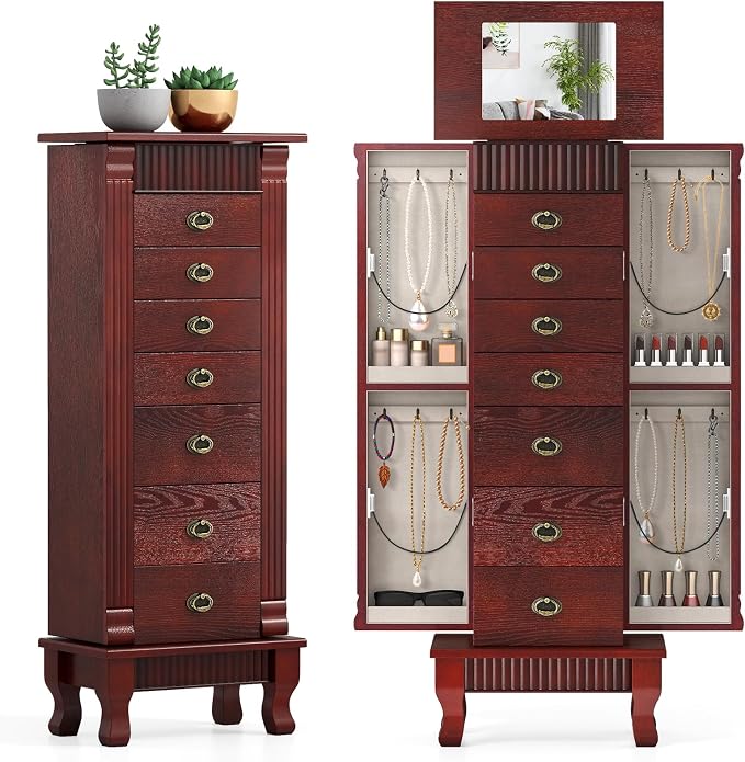 GIANTEX Standing Jewelry Cabinet with 7 Drawers, Flip-Top Mirror, Cherry
