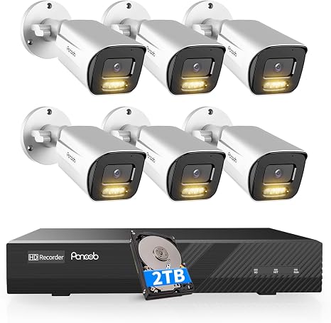 PoE NVR Security Camera System 5MP with 2TB HDD, PB65A0608-5MD | 6X 5MP Wired IP Bullet IP Camera Human Vehicle Detection, 2 Way Audio, Smart Dual Light Full Color Night Vision, 4K 8CH NVR