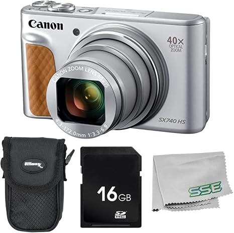 Canon PowerShot SX740 HS Digital Camera 4PC Bundle - Includes 16GB SD Memory Card + Point & Shoot Case + Microfiber Cleaning Cloth (Silver)