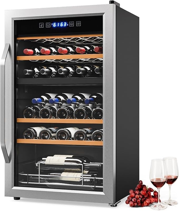 Bonnlo 33 Bottle Dual Zone Wine Cooler Refrigerator, 41°F-64°F Freestanding Compressor Wine Chiller, Beverage Wine Fridge with Digital Temp Control & Glass Door for Red White Wine, Champagne, Beer