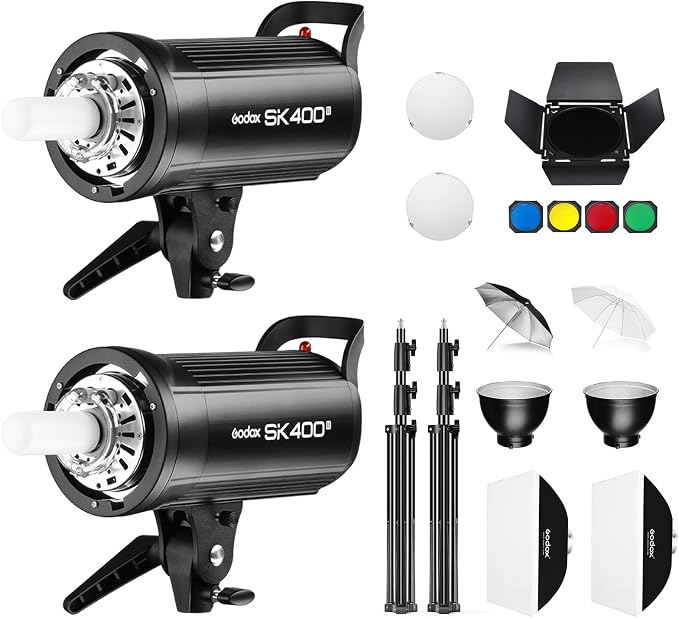 Godox 2* SK400ii 800Ws Studio Strobe Flash Lighting Kit:2 Pack SK400II Monolight with Bowens Mount for Photography and Studio Video Shooting with Light Stand,Softbox,Umbrella,Reflector,Barn Door...