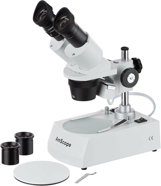 AmScope SE305R-PX Forward-Mounted Binocular Stereo Microscope, WF5x | 1X & 3X Magnification DIN Standard RMS 20.32mm Thread 160mm Finite Tube Length Compatible