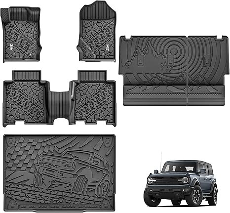 3W Ford Bronco Floor Mats & Cargo Liner & Back Seat Cover Custom Fit for 2021-2025 2026 Bronco 4 Door All Weather Custom Fit Ford Bronco Accessories (Not for Sport & Rubberized Floor)