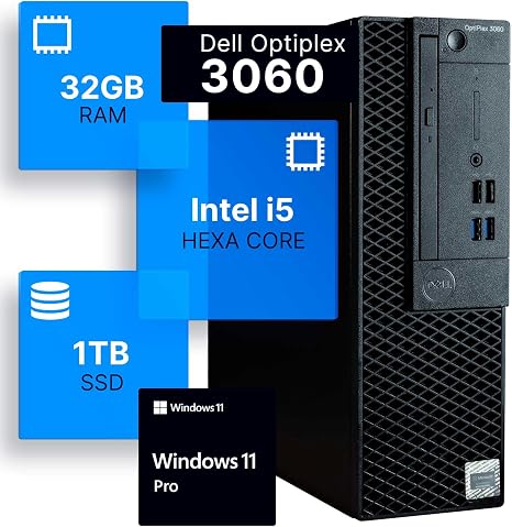 Dell Optiplex 3060 Desktop Computer | Intel i5-8500 (3.2) | 32GB DDR4 RAM | 1TB SSD Solid State | Built in WiFi | Bluetooth | Windows 11 Professional | Home or Office PC (Renewed)