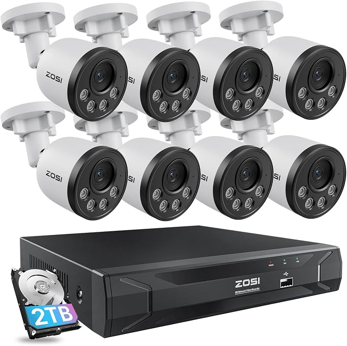 ZOSI 5MP 8CH PoE Home Security Camera System, 8X 4MP Metal Cameras, 2TB HDD | IP66 Weatherproof, Human Detection, 100ft Night Vision, H.265+ 5MP NVR with 2TB HDD, for 24-7 Video & Audio Recording