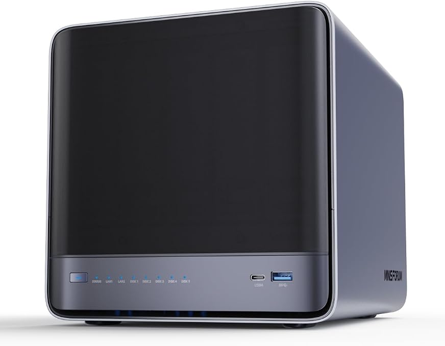 MINISFORUM N5 Air 5-Bay Desktop NAS with up to 174 GB Storage, AMD Ryzen 7 255 (8C/16T) CPU, Dual DDR5 RAM Slots (up to 96 GB), 1x 10GbE, 1x 5GbE, 2X USB4 (8K), HDMI 8K, OCuLink, 3X M.2 Slots