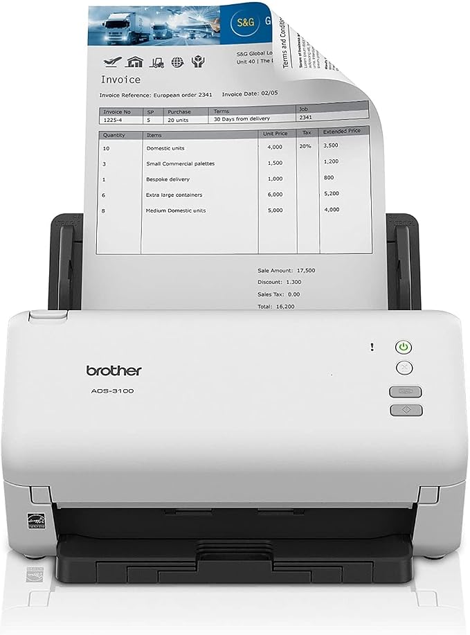 Brother ADS-3100 High-Speed Desktop Scanner | Compact with Scan Speeds of Up to 40ppm, White | High-speed document scanning with 60-sheet feeder, USB 3.0 and 8.5" x 197" media support