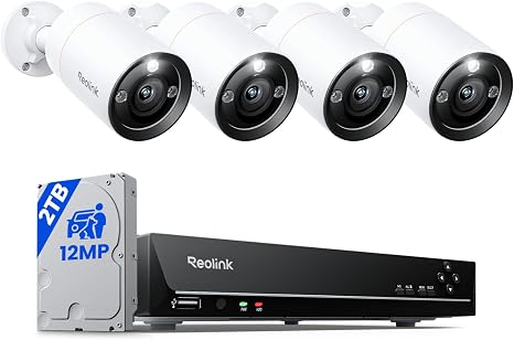 REOLINK 8CH 12MP Wired Security Camera System with 2TB HDD RLK8-1200B4-A | 4pcs H.265 12 Megapixel UHD PoE Surveillance Cameras, Person Vehicle Pet Detection, Spotlight Color Night Vision, 8CH NVR