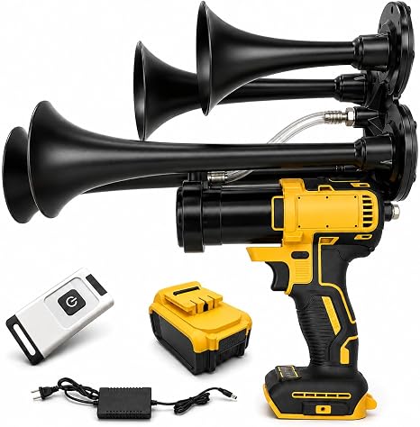 Train Horn Drill Compatible with DeWalt 20V MAX Batteries, Up to 140 dB Cordless Drill Air Horn with 4 Metal Trumpets, Compressor, 200 FT Remote, Compatible Battery and Charger Included